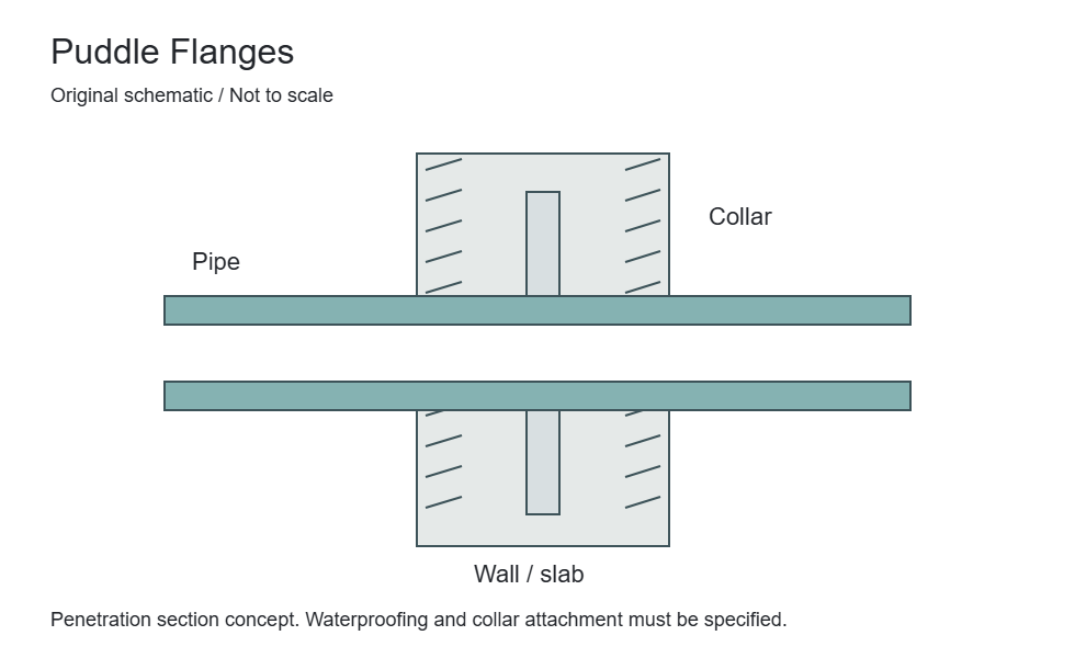Original section concept of a pipe and collar within a wall. It illustrates penetration context only, not a certified waterstop system or installation detail.